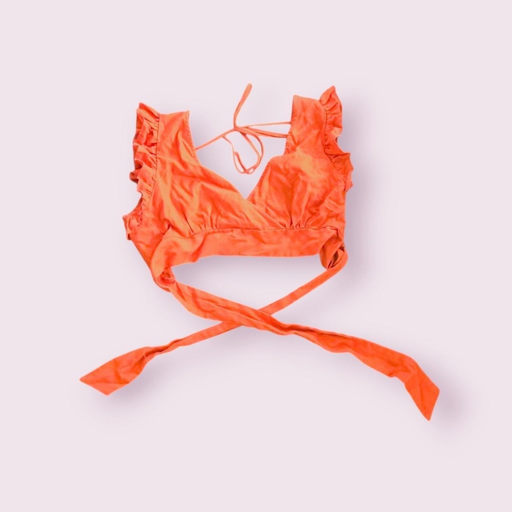 Tropical orange crop top, wrap top with ruffle sleeves